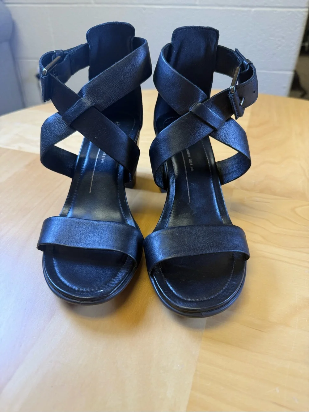 Ecco Black Leather Block Heel Sandals with Ankle Buckle